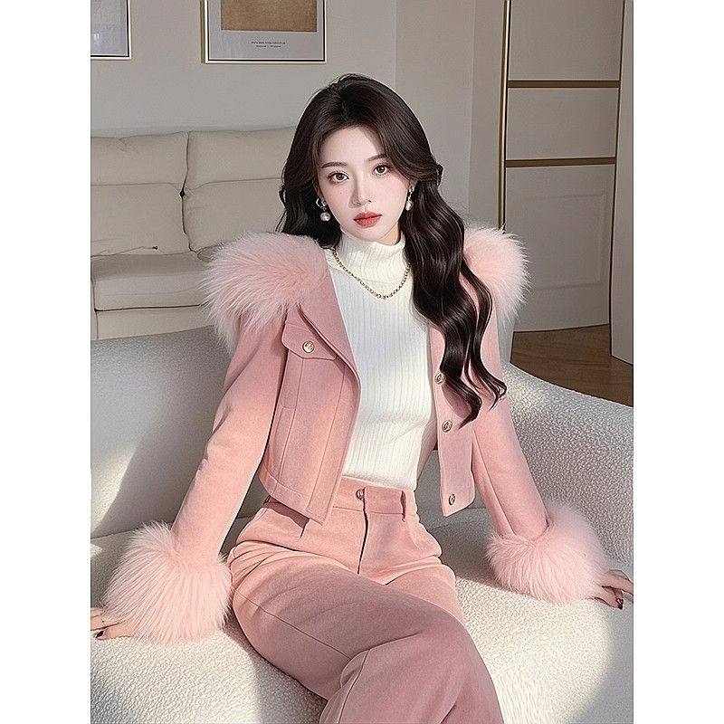 洋气欧货潮时髦名媛小香风高级感粉色仿麂皮外套长裤两件套装冬季,女装/女士精品,时尚套装,淘宝优惠券,粉丝福利购,淘宝优惠卷