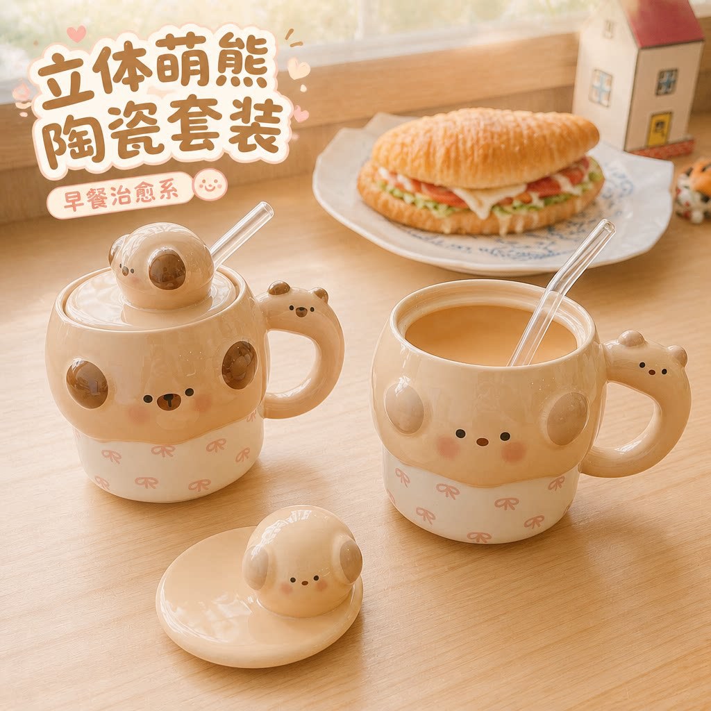 可爱卡通小猪陶瓷马克杯带盖吸管杯女生早餐咖啡杯情侣水杯礼物