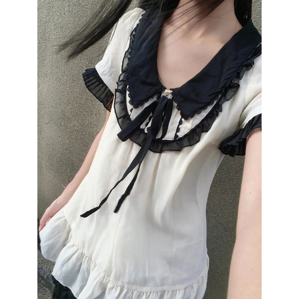 【昭和往事】古着黑白拼接上衣+黑色短裙两件套夏季新款古早穿搭