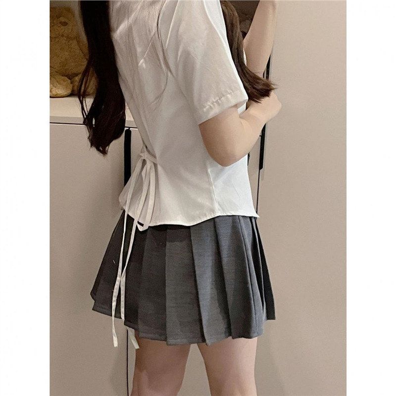 JK制服纯欲风收腰衬衫女学院风修身显瘦短袖上衣绑带学生白色衬