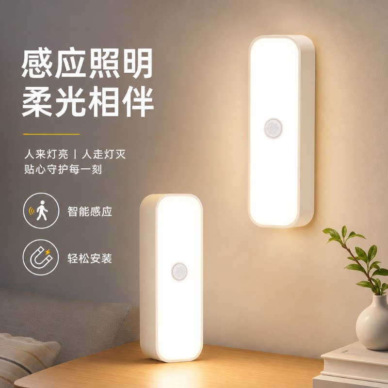 led智能人体感应灯无线磁吸小夜灯充电超长续航厨房衣柜卧室壁灯