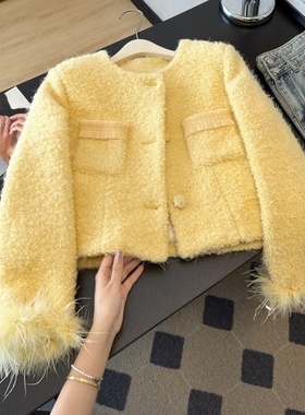 黄色小香风羊羔毛外套女秋冬小个子气质富家千金加厚加绒短款上衣