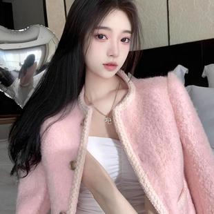 小香风名媛毛呢外套女秋冬小众轻奢小个子设计感粉色加棉加厚上衣
