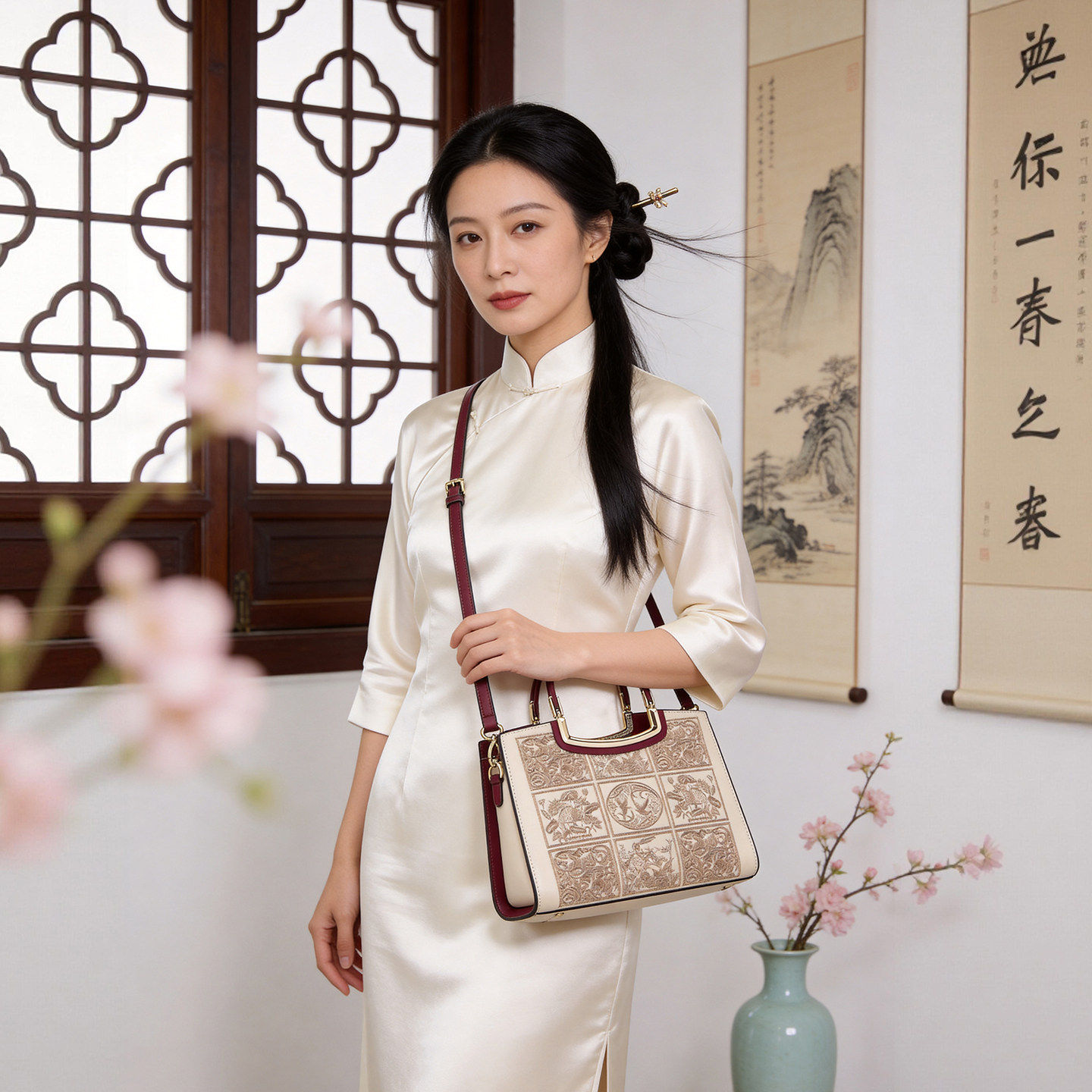 LAORENTOU新中式刺绣真皮手提包女2026新款轻奢国风大容