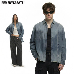 Remedy 美式复古水洗牛仔衬衫男女本布拼接做旧宽松长袖外套上衣
