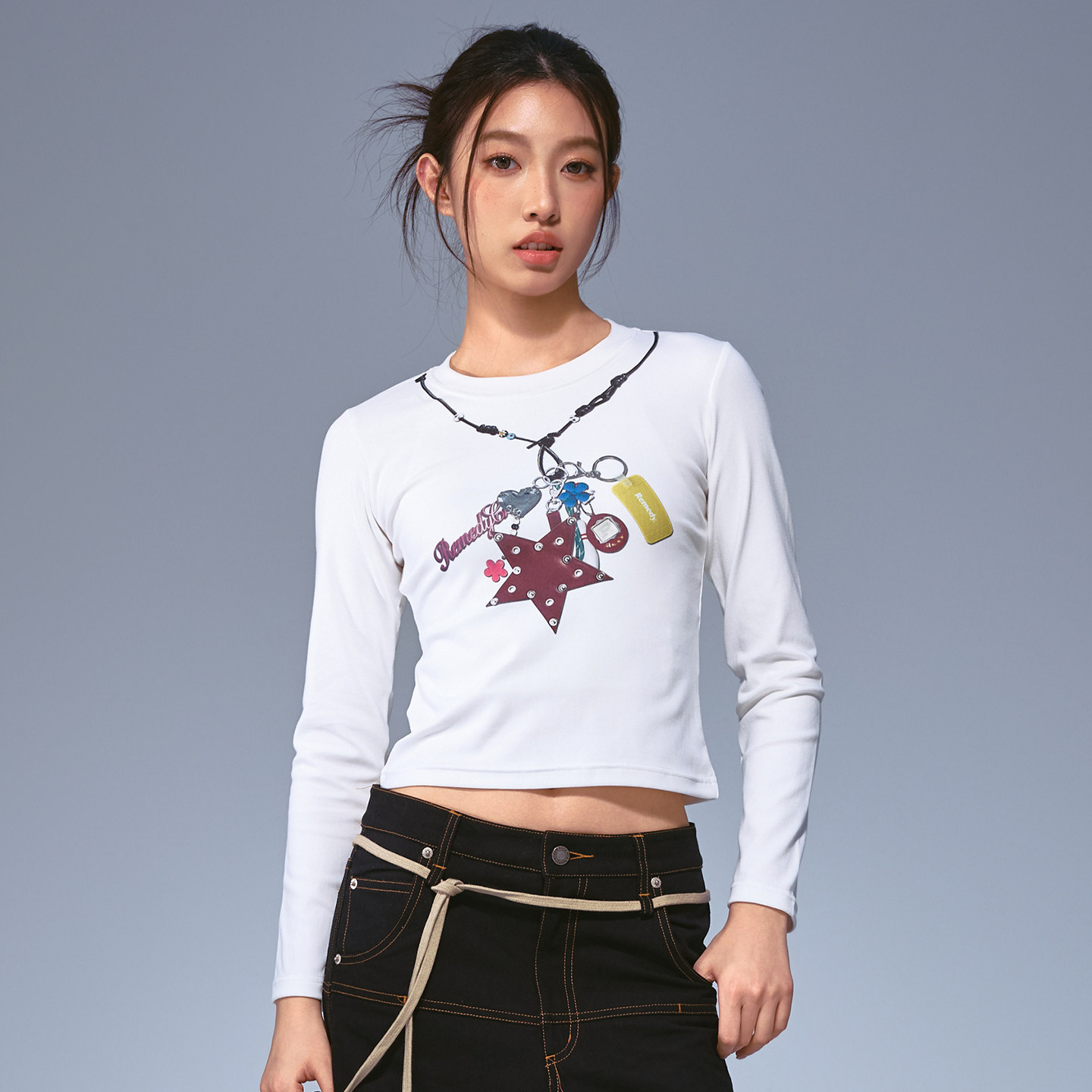 Remedy 美式辣妹项链印花短款长袖T恤女秋季修身显瘦内搭打底上衣
