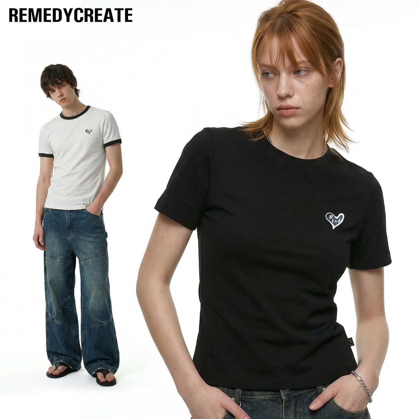 Remedy 爱心刺绣正肩紧身短袖T恤男女夏季修身skinny短款体恤上衣