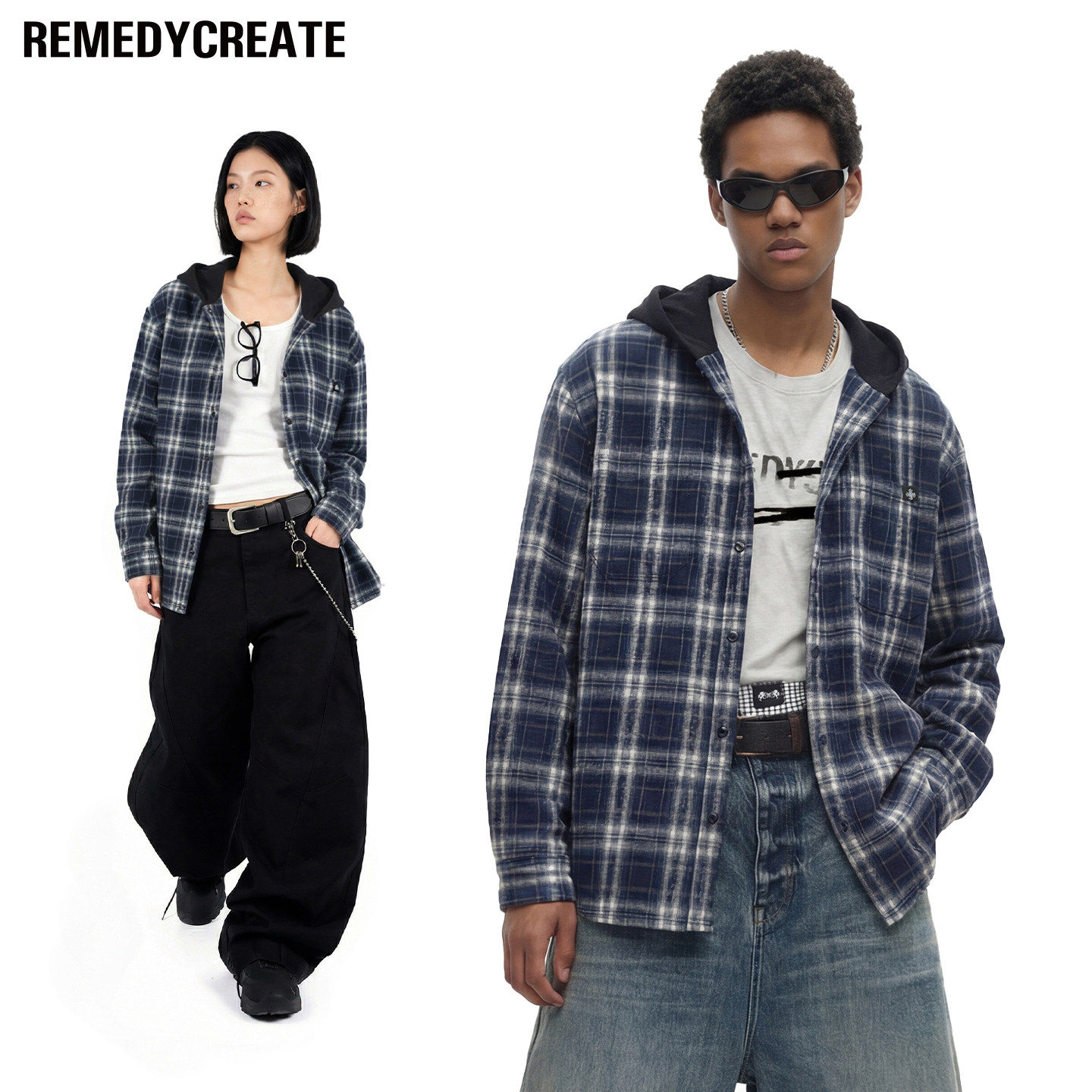 Remedy 美式复古连帽格子长袖衬衫男女街头慵懒风宽松休闲外套