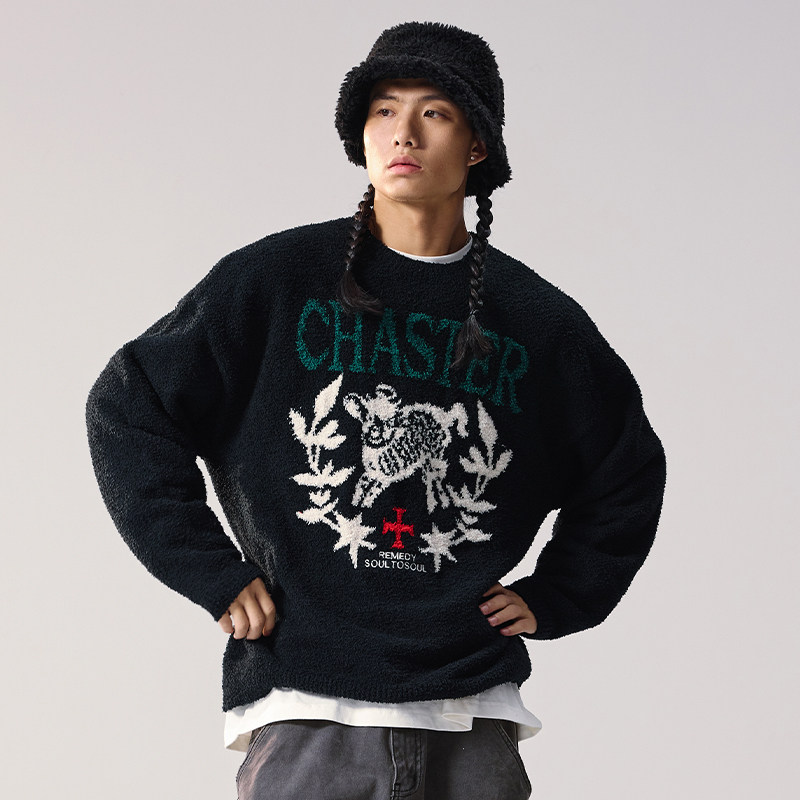 Remedy秋季新款国潮提花休闲针织衫美式街头潮牌圆领情侣毛衣男女