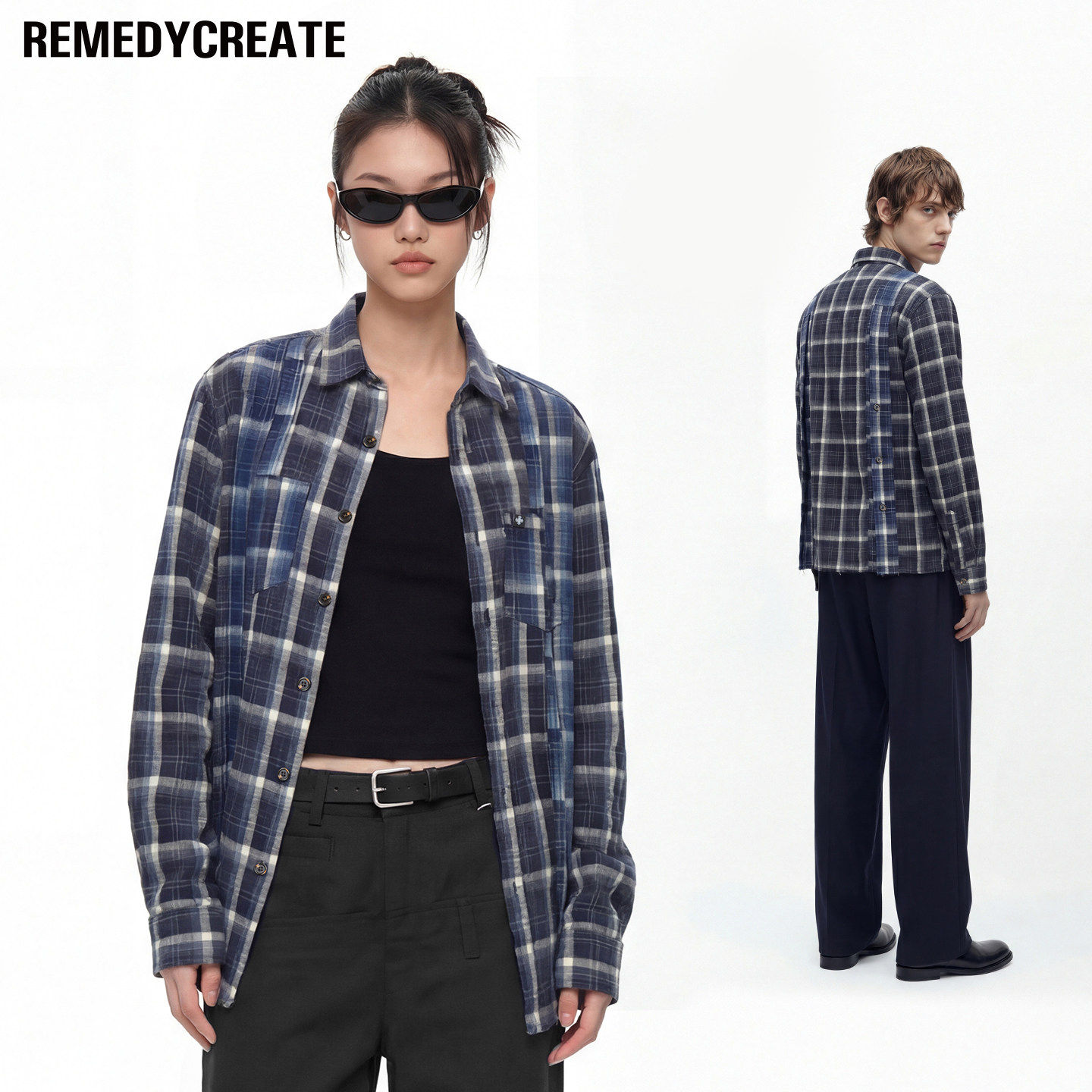 Remedy 春季新款拼接长袖格子衬衫男女美式街头潮牌宽松衬衣外套