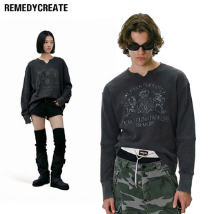 Remedy 美式复古做旧印花长袖T恤男女街头boxy短宽华夫格休闲上衣