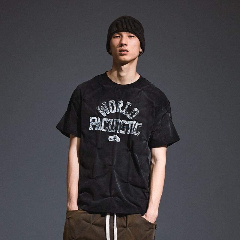 Remedy国潮夏季褶皱复古宽松半袖体恤美式潮牌boxy版型短袖T恤男