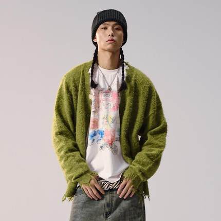 Remedy 2024年秋季新款潮牌破坏毛衣开衫国潮宽松针织衫外套男女