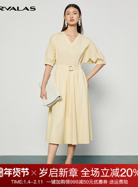 曼德诗黄色连衣裙女2025年春季新款简约中长收身裙通勤V领长裙子