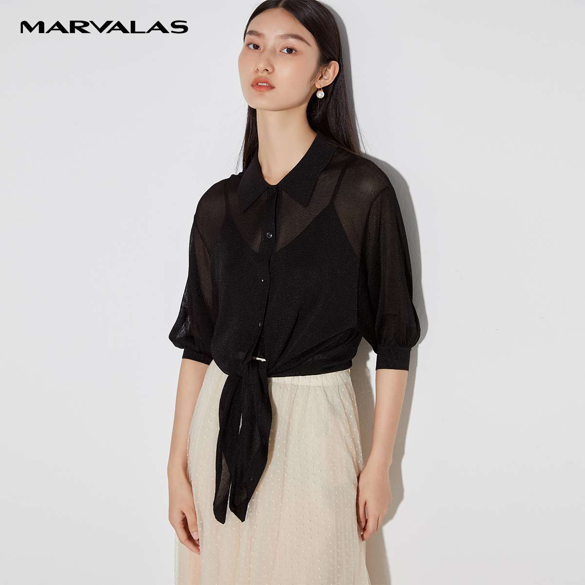 曼德诗薄款针织衫女翻领衬衫造型感外套