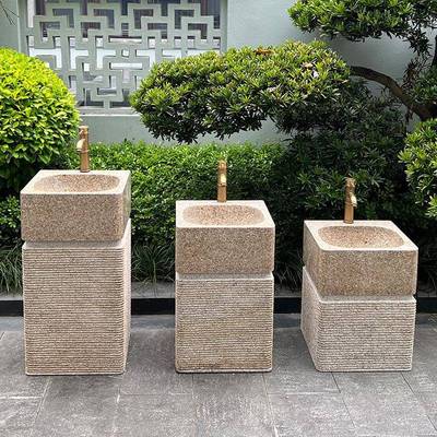 天然石材洗手台盆一体户外落地式大理石立柱盆庭院幼儿园水池儿童