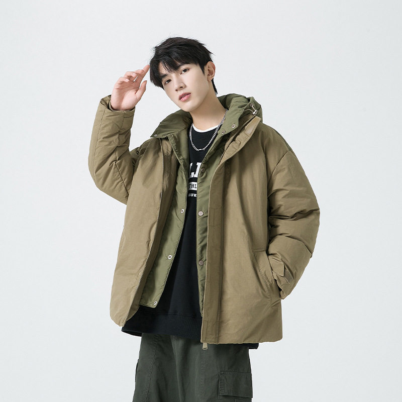 高品质假两件白鸭羽绒服男生连帽美式拼色潮牌保暖冬装大学生外套