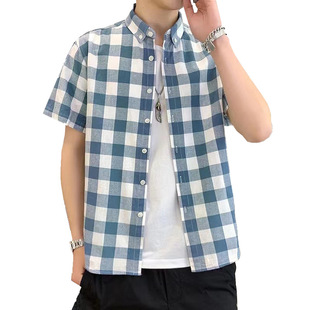東雨男士短袖衬衫夏季男士休闲格子衬衫时尚潮流短款衬衣现货