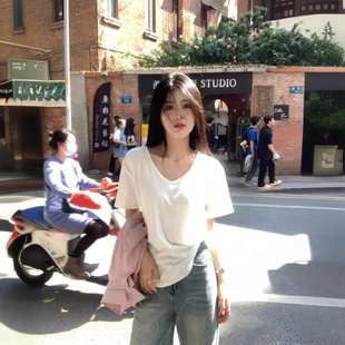 2025新款 年大领口宽松显瘦内搭纯色上衣 U领t恤女短袖 白色正肩夏季