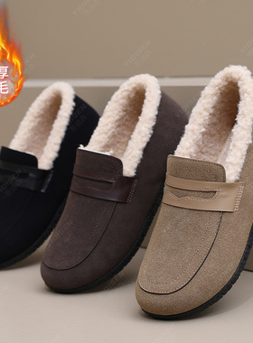意迪森冬季新款加绒加厚一脚蹬毛毛鞋老北京布鞋中老年妈妈冬鞋
