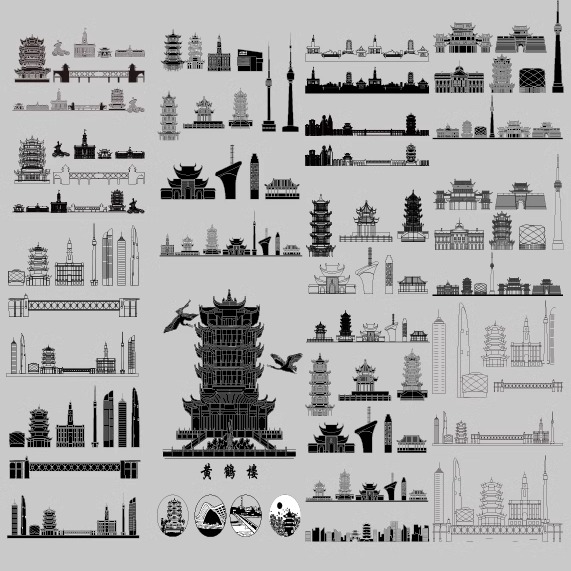 武汉湖北旅游设计手绘地标景点建筑剪影地平天际线描稿插画图素材