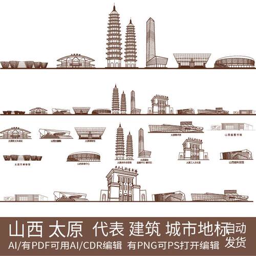 太原山西地标手绘设计景点建筑旅游剪影地平天际线描稿插画图素材