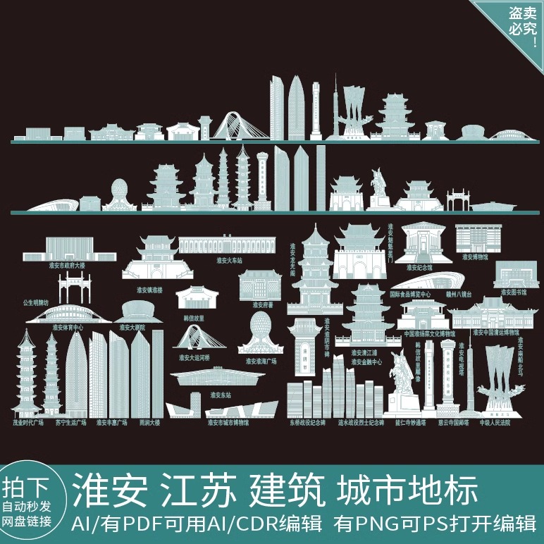淮安江苏手绘旅游地标建筑景点城市剪影地平天际线描稿插画图素材