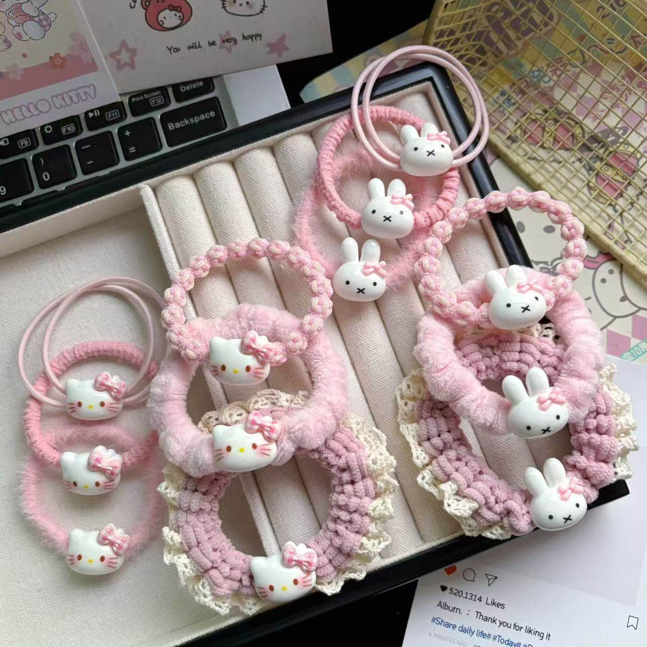 可爱粉色系蝴蝶结KT猫米菲兔发圈秋冬毛绒卡通皮筋超萌少女心发绳