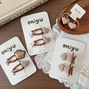 奶咖色小香风爱心纽扣儿童发夹可爱甜美女童侧边压夹蝴蝶结发饰