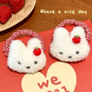 秋冬季 可爱毛绒苹果小兔发绳少女甜美百搭马尾皮筋儿童不伤发发圈