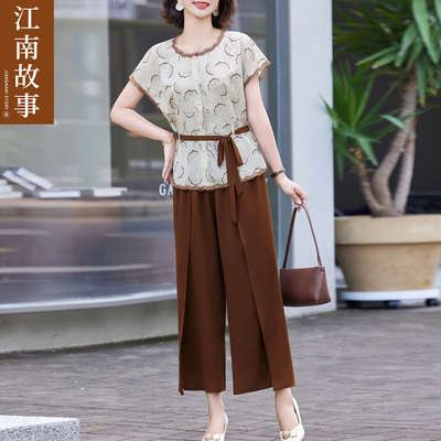 【江南故事】2025新款妈妈装夏季时尚中老年女洋气短袖小衫套装