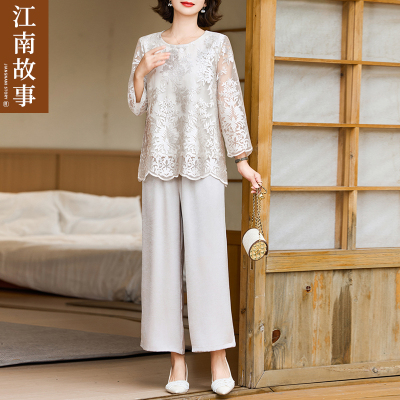 JIANGNAN STORY/江南故事春秋季妈妈装刺绣上衣中老年蕾丝两件套