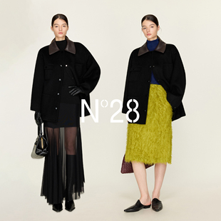 N°28【零压感】山羊绒毛呢外套女秋冬新款拼接皮领宽松呢子大衣