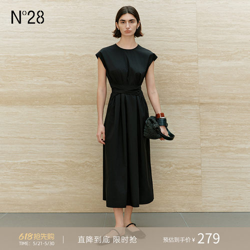 N°28原创设计长绒棉绑带显瘦连衣裙女夏季轻薄垂感抽褶A字长裙