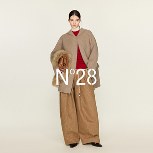 N°28 100绵羊毛连帽大衣女秋冬宽松通勤中长款毛呢外套