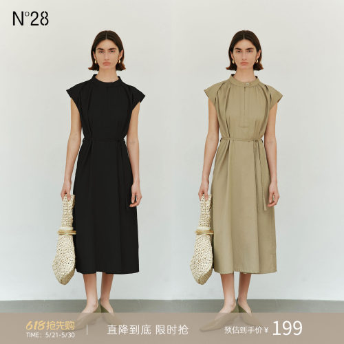 N°28法式莱赛尔纽扣圆领连衣裙女抽褶亚麻长裙