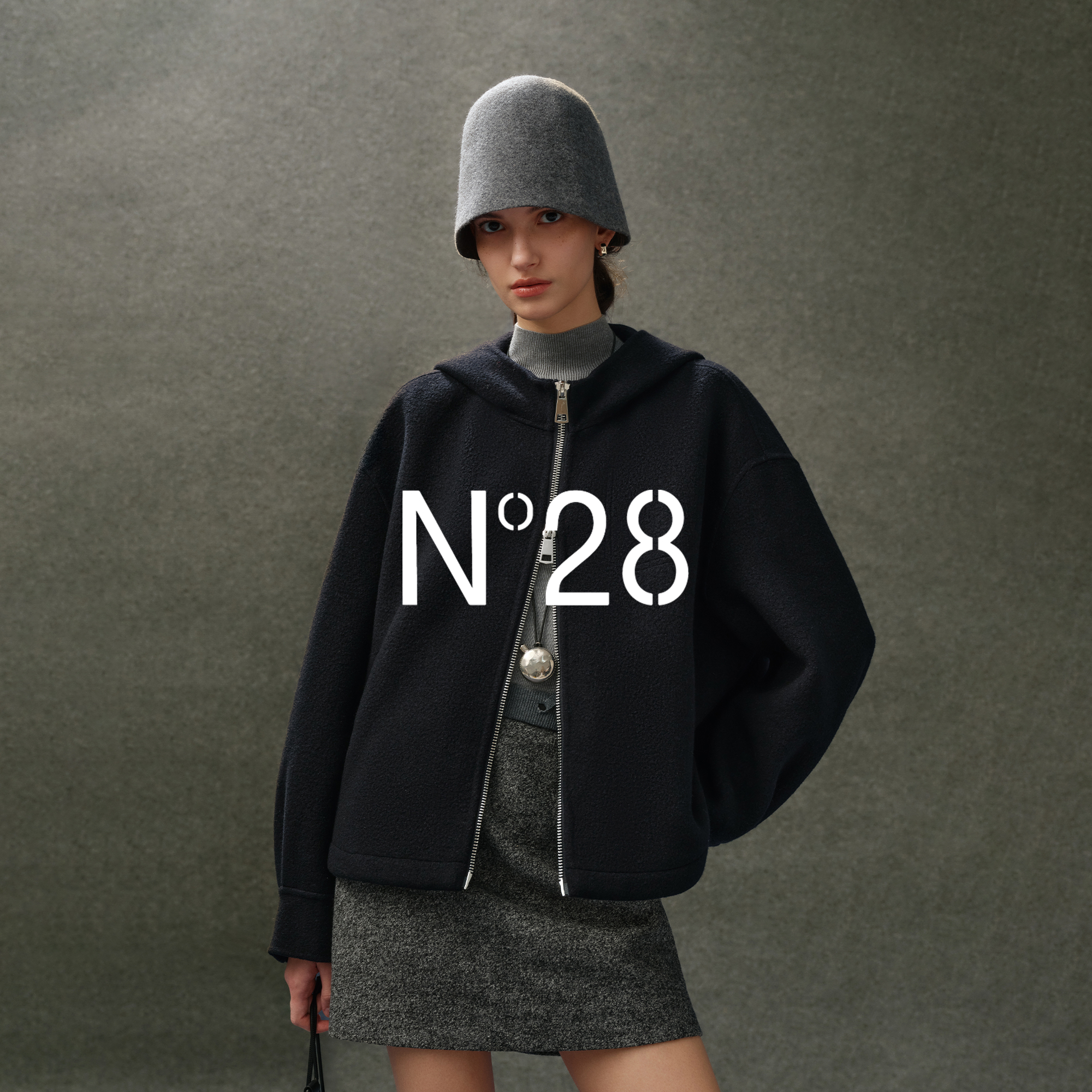 N°28【颗粒羊绒首创】连帽短款毛呢外套女秋冬季小个子夹克上衣