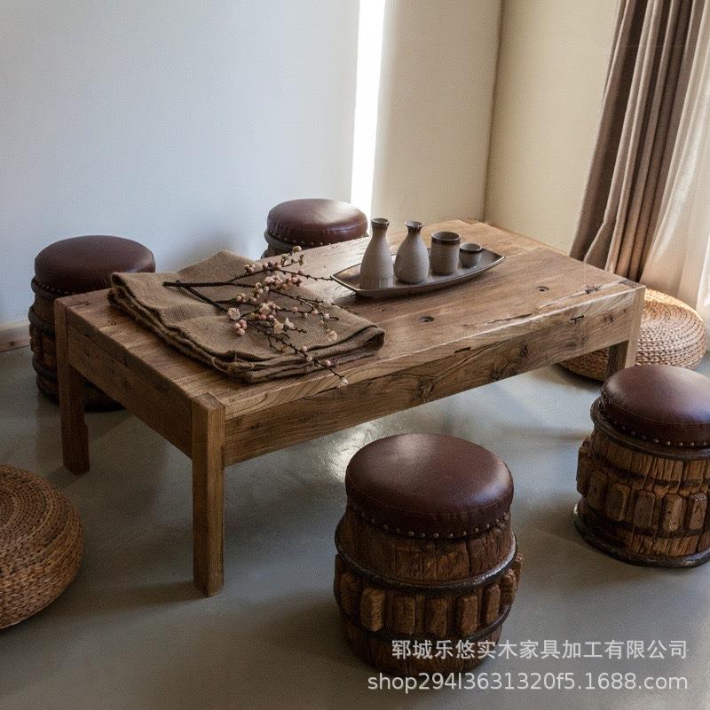 中式老榆木榻榻米茶桌旧门板禅意小炕桌实木飘窗阳台桌原木国学桌
