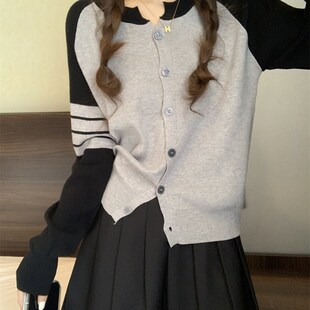 速发休闲小众子计感撞色针织衫 毛衣外套早个设上衣 小秋202新款