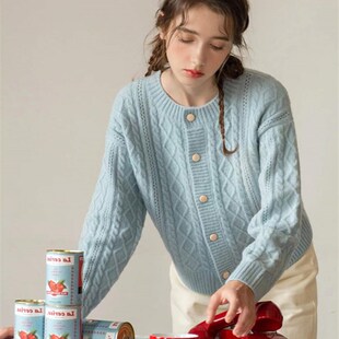 外套202新糯上衣 毛衫 速发软奶蓝麻花针织开衣法式 复古慵懒软款