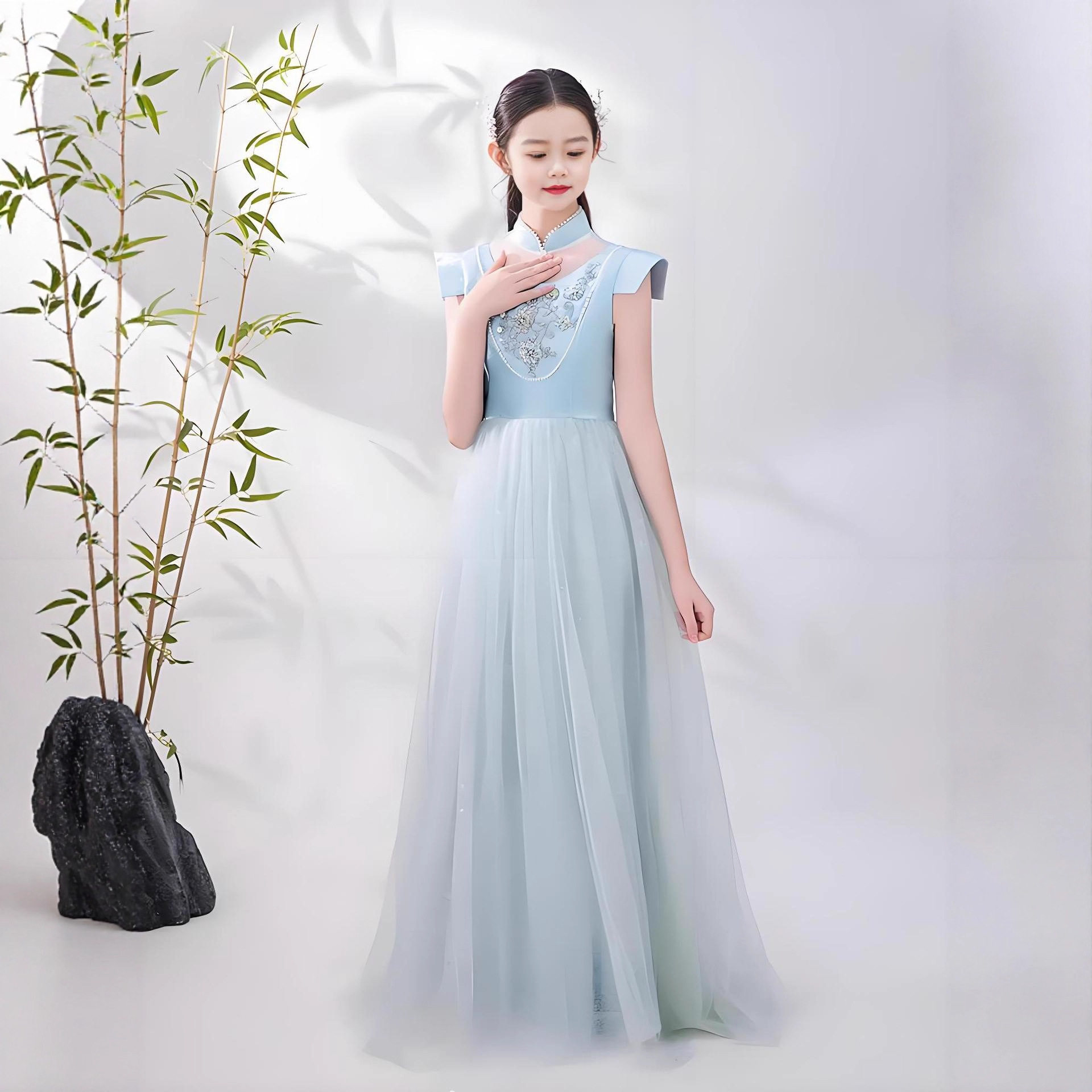 中国风儿童演出服民族乐器古筝女童演奏新中式纱裙蓝色古风礼服夏