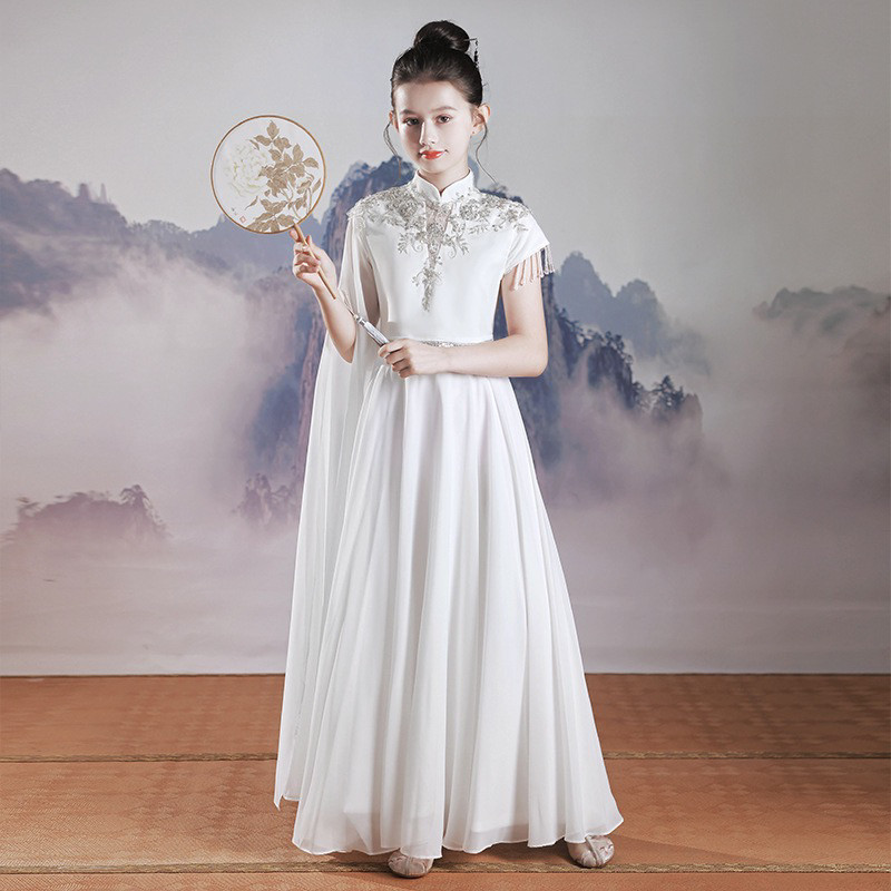 儿童古筝演出服新款女童超仙中国风表演服艺考主持白色晚礼服