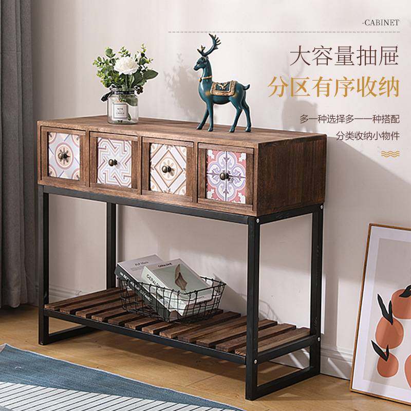 跨境简约风收纳柜彩绘玄关柜小户型电视柜复古铁艺实木储物置物架,玩具/童车/益智/积木/模型,垂直悬浮玩具,淘宝优惠券,粉丝福利购,淘宝优惠卷