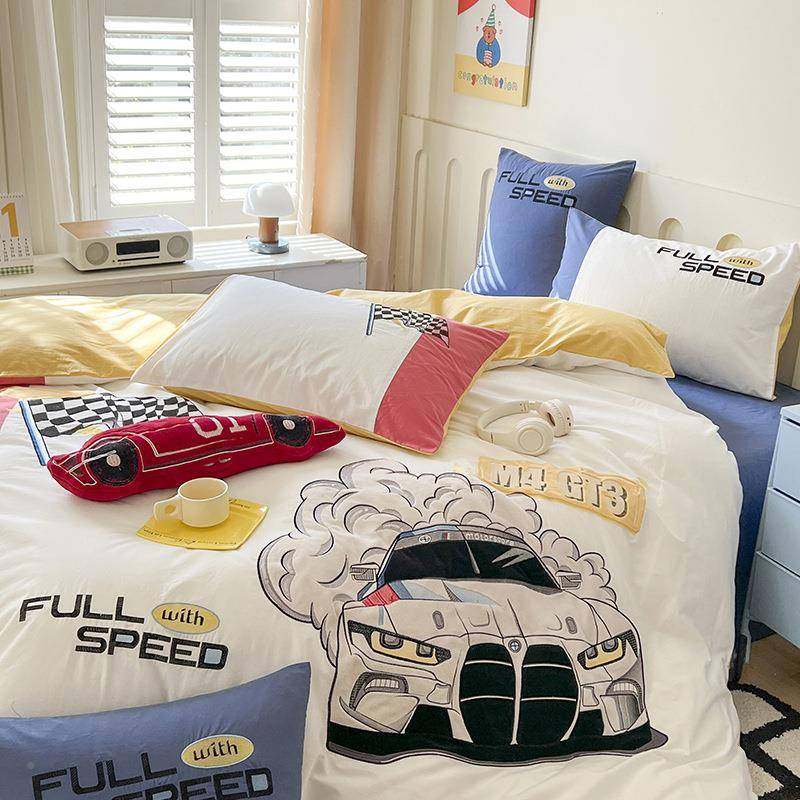 超赛车cPM3Rp4n床手贴布绣全棉绣花水洗棉儿童卧室男孩酷被单罩四