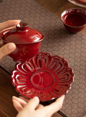 新款整套具窑变郎红故红三才碗宫陶瓷茶莲花壶承泡茶A11980碗喜盖