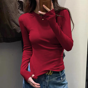 蕉艺辣妹收腰纯色正肩长袖 显瘦上衣 T恤女早秋圆领百搭打底衫 修身