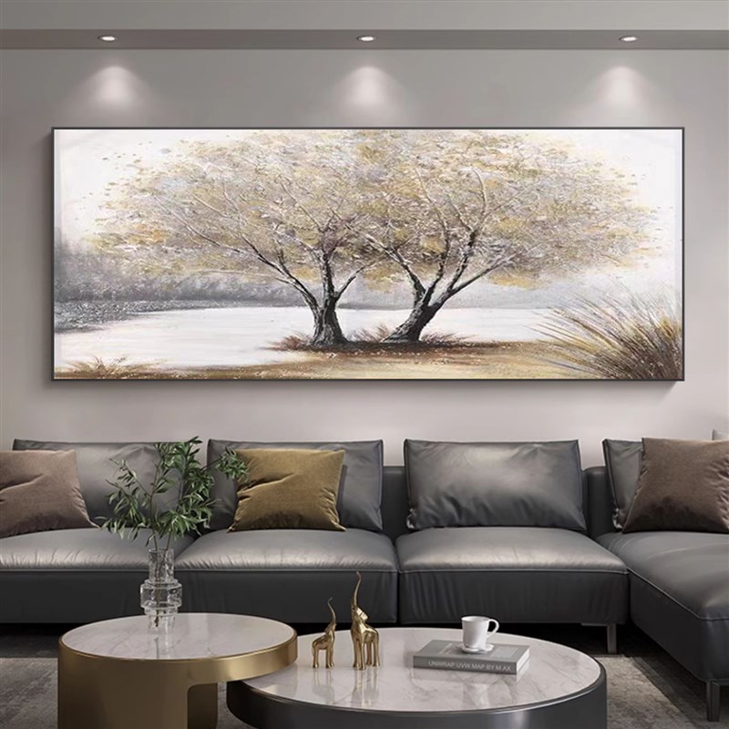 手绘油画发财树高档客厅沙发背景墙挂画现代抽象金银办.公室装饰图片