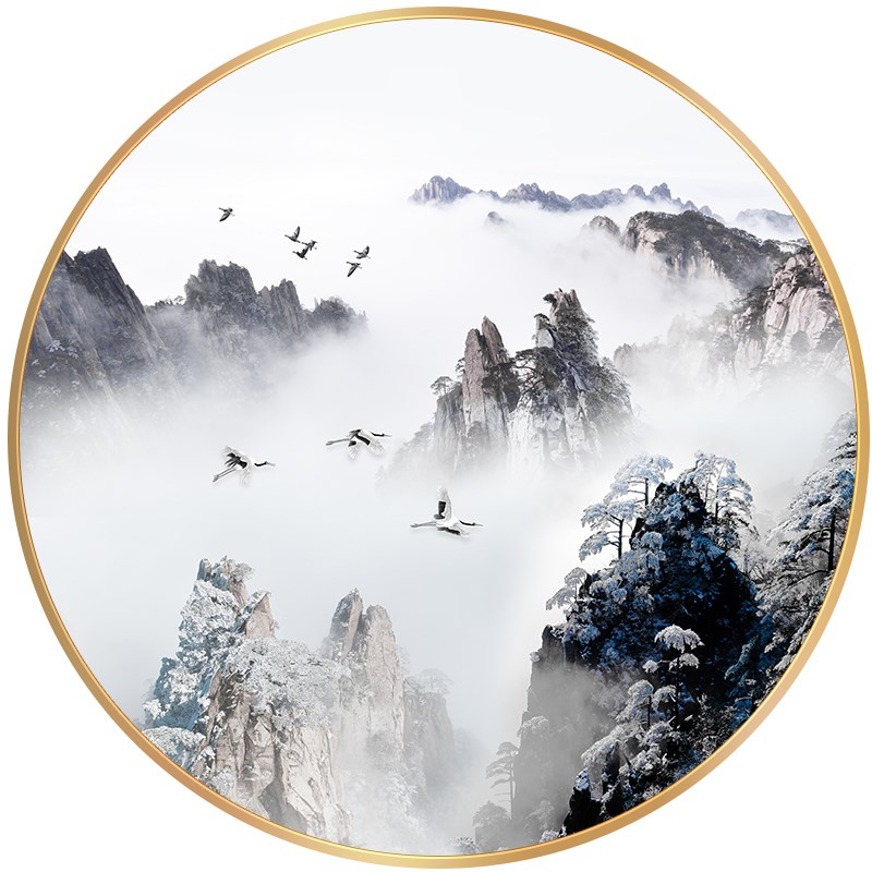 新中式圆形装饰画带灯山水画w玄关挂画led氛围发光画书房走廊壁灯图片