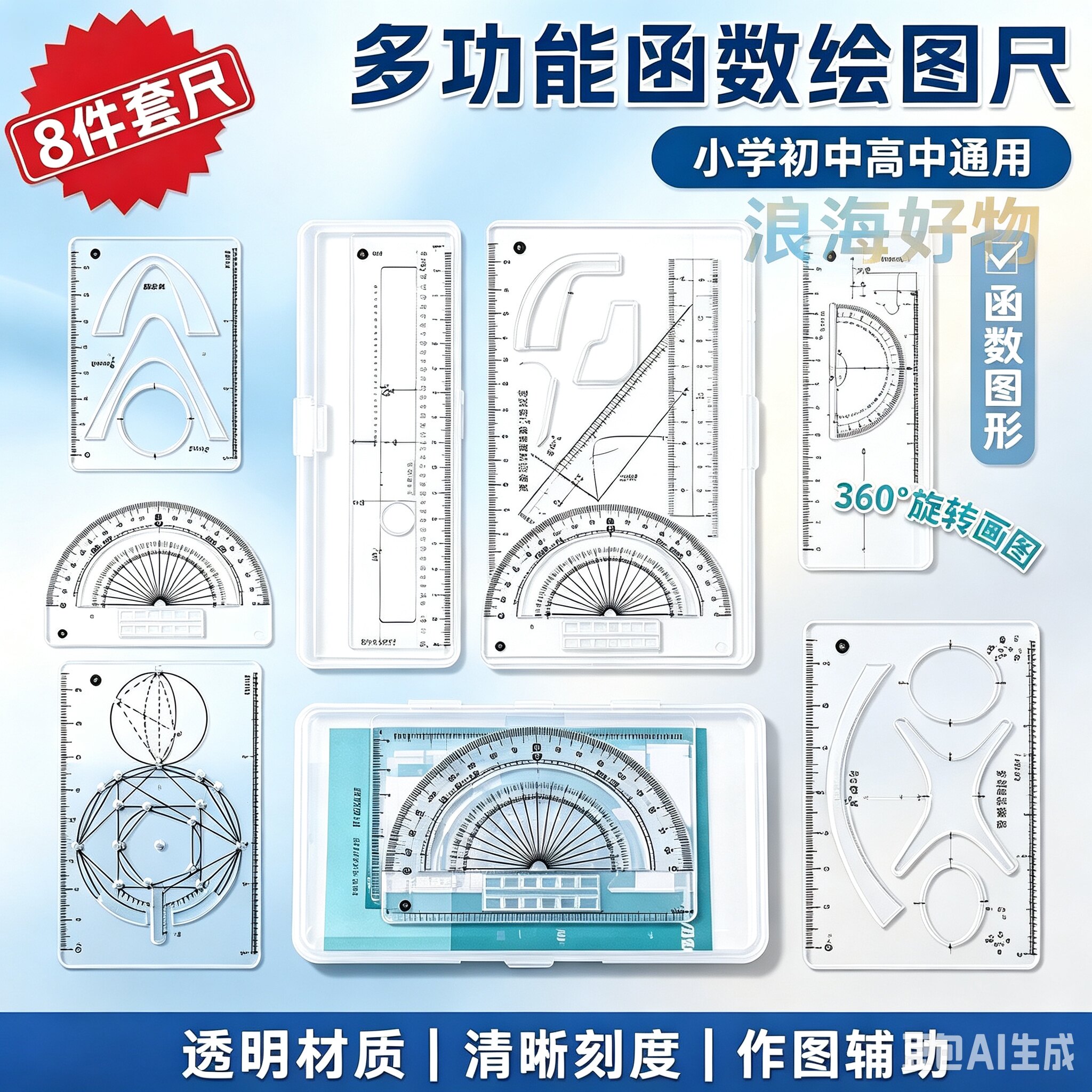 【老师推荐】多功能+绘图+函数三合一套装 多功能便携式学习尺RR