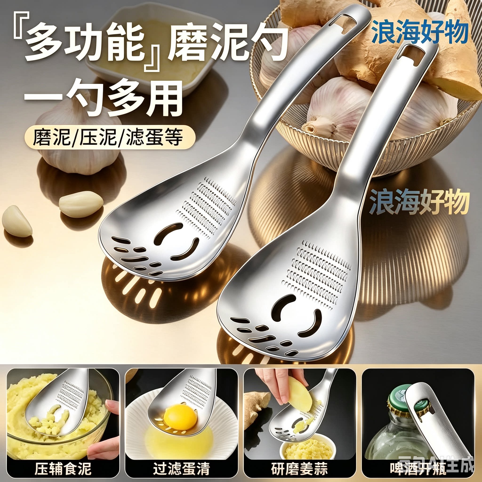 不锈钢研磨勺多功能压泥过滤网宝宝辅食磨器蛋黄蛋清分离漏勺RR